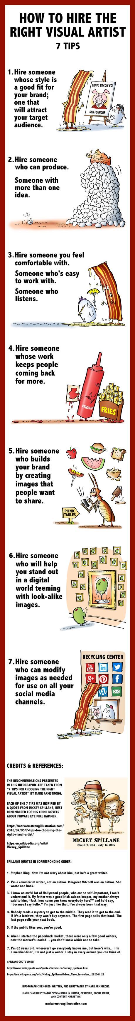 Infographic how to choose the right visual artist good fit for brand someone who listens images people want to share help stand out get noticed modify images for all social media platforms base on Mickey Spillane quotes