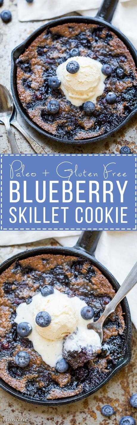 This Blueberry Skillet Cookie is a cross between a gooey skillet cookie and a bubbly blueberry cobbler! This recipe is gluten-free, Paleo and refined sugar free and makes just enough to share.
