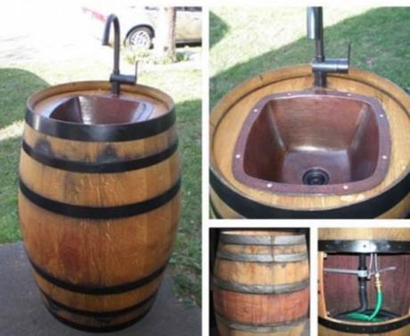 Wooden Barrel Transformed Into a Wash Basin 