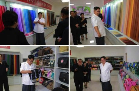 Kim Jong Un inspects products in a factory showroom of the P'yo'ngso'n Synthetic Leather Factory in photos from the top right of the second page of the July 12, 2016 edition of WPK daily newspaper Rodong Sinmun (Photos: KCNA/Rodong Sinmun).