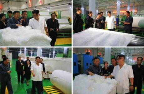 Kim Jong Un looks at products of the P'yo'so'ng Synthetic Leather Factory in photos from the top left of the second page of the July 12, 2016 edition of WPK daily newspaper Rodong Sinmun (Photos: KCNA/Rodong Sinmun).