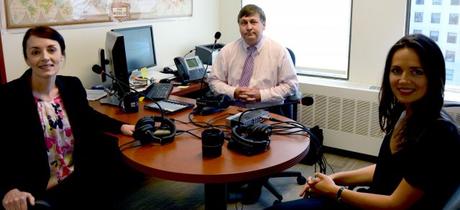 Podcast guest Karina Orlova (right) with hosts Ken Jaques (center) and Julie Johnson.