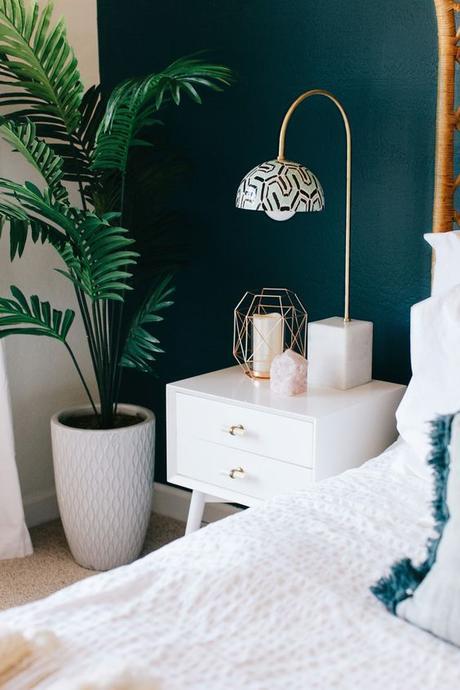 unique brass and marble bedside light with rose gold and quartz accents: 