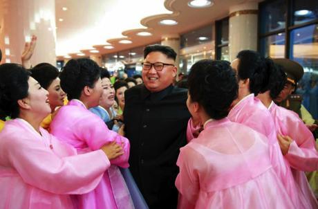 Kim Jong Un greets the wives of KPA officers following their concert held as part of an art performance contest in a photo on the front page of the July 16, 2016 edition of WPK daily newspaper Rodong Sinmun (Photo: Rodong Sinmun).