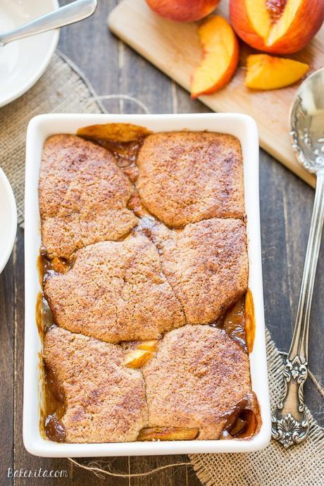 This Peach Cobbler has a crispy, fluffy topping with a simple peach filling - it's the most perfect summer dessert! This is a gluten-free, Paleo, and vegan treat that you don't want to miss.