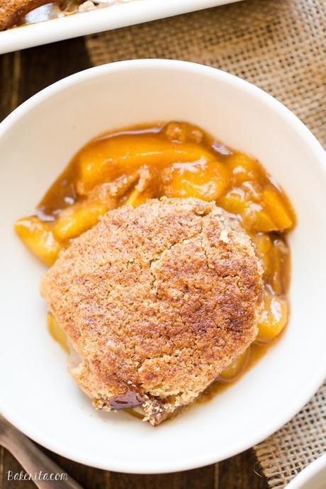 This Peach Cobbler has a crispy, fluffy topping with a simple peach filling - it's the most perfect summer dessert! This is a gluten-free, Paleo, and vegan treat that you don't want to miss.