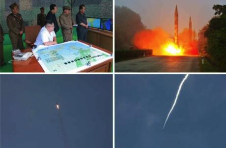 A photo of Kim Jong Un and senior personnel watching the missile drill and photos of the missile drill that appeared in the bottom left of the front page of the July 20, 2016 edition of the WPK daily newspaper Rodong Sinmun (Photos: Rodong Sinmun/KCNA).