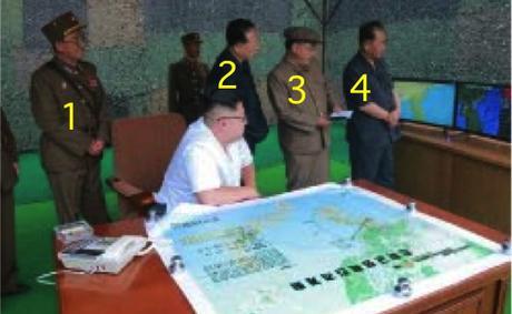 Kim Jong Un and senior WPK and KPA officials watch a ballistic missile drill.  In this photo are KPA Strategic Force Commander General Kim Rak Gyom (1), WPK Munitions Industry Department Deputy Director Hong Sung Mu, WPK Munitions Industry Department Deputy Director Kim Jong Sik (3) and WPK Central Committee Senior Deputy Director Ri Pyong Chol (4) (Photo: Rodong Sinmun).