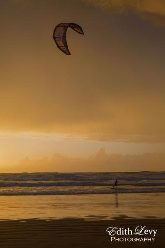 Israel, Tel Aviv, Banana Beach, kite boarding, kite boarder, sunset, golden light, travel photography