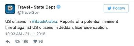 State Dept tweet on threat in Saudi Arabia