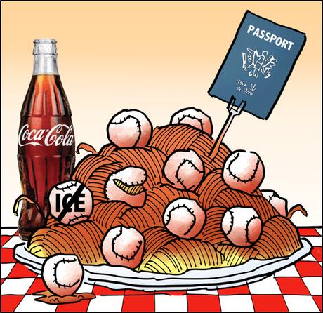 plate of spaghetti with baseballs instead of meatballs on red and white checkered tablecloth bottle of Coke passport
