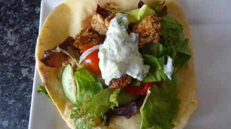 chicken-gyros-with tzatziki-sauce-easy-grill-healthy-barbecue-Greek-food-salad-flat-bread-pita-Mediterranean-food