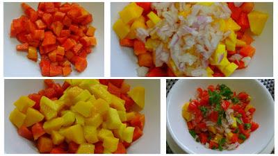 This mango papaya fruit salsa is Easy, delicious, healthy. I am sure you will love the delightful tangy sweet and sour flavors of tropical fruits. You can serve it as a salad, side dish or with some nachos chips for an appetizer or snack.  mango papaya salsa-How to make mango papaya salsa-mango papaya salsa recipe Breakfast N Snacks, Fusion, salad n salsa, Soups n Salads, Mango recipes, spicy veg recipes, veg recipes, healthy recipes, Quick Recipes, Easy Recipes, Bachelor Recipes, Kids Recipes, Papaya recipes,