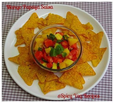 This mango papaya fruit salsa is Easy, delicious, healthy. I am sure you will love the delightful tangy sweet and sour flavors of tropical fruits. You can serve it as a salad, side dish or with some nachos chips for an appetizer or snack.  mango papaya salsa-How to make mango papaya salsa-mango papaya salsa recipe Breakfast N Snacks, Fusion, salad n salsa, Soups n Salads, Mango recipes, spicy veg recipes, veg recipes, healthy recipes, Quick Recipes, Easy Recipes, Bachelor Recipes, Kids Recipes, Papaya recipes,