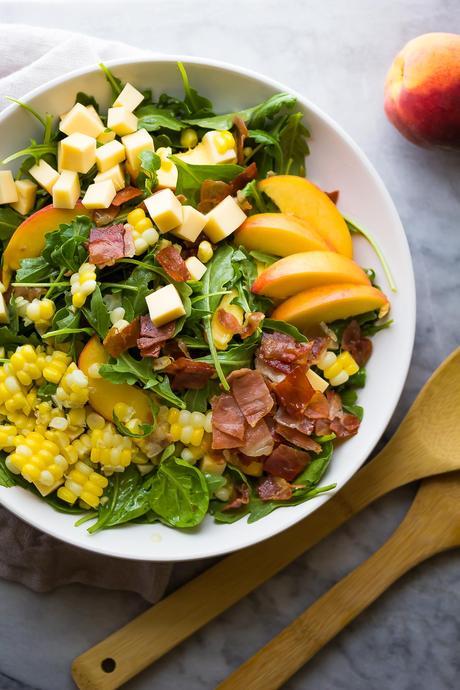 Corn and Peach Salad Recipe with Crispy Prosciutto and Smoked Gouda