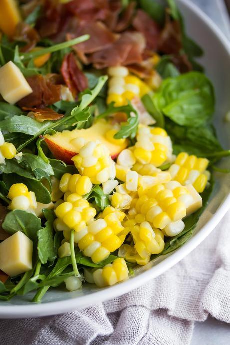 Corn and Peach Salad Recipe with Crispy Prosciutto and Smoked Gouda