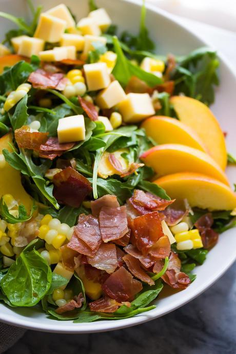 Corn and Peach Salad Recipe with Crispy Prosciutto and Smoked Gouda