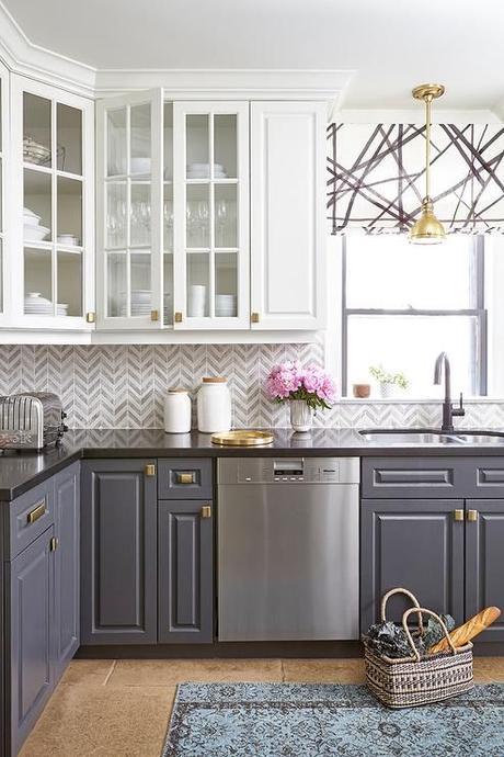 Quartz Countertops Grey Kitchen Cabinets Kelly Wearstler Roman SHade