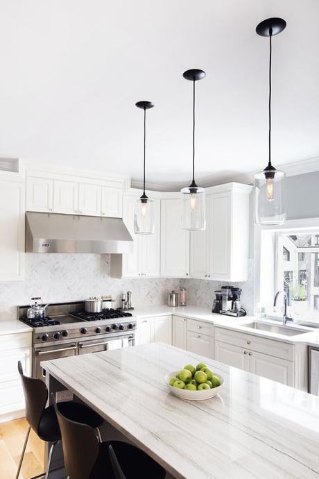 White Macaubas Quartzite Countertops Glass Pendant Lights