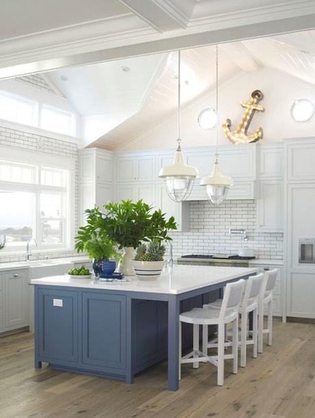 Kitchen With Slate Blue Island And WHite Cabinets By Coastal Living 