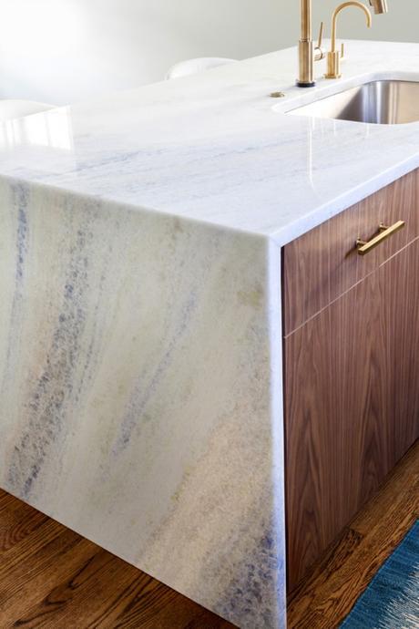 Aquias Blue Quartzite Island With Waterfall Edge And Brass Hardware