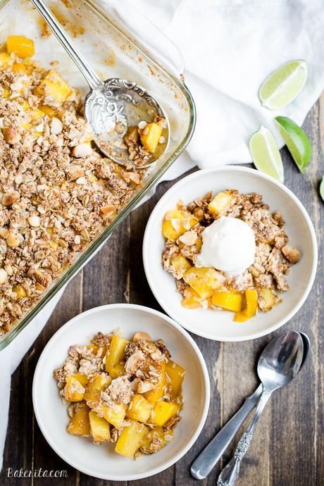 This Mango Pineapple Crumble has an irresistible coconut macadamia nut crumble topping. This is a gluten-free, vegan, and refined sugar free crumble that will bring your tastebuds to the tropics!