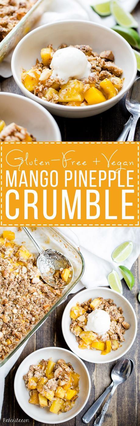 This Mango Pineapple Crumble has an irresistible coconut macadamia nut crumble topping. This is a gluten-free, vegan, and refined sugar free crumble that will bring your tastebuds to the tropics!