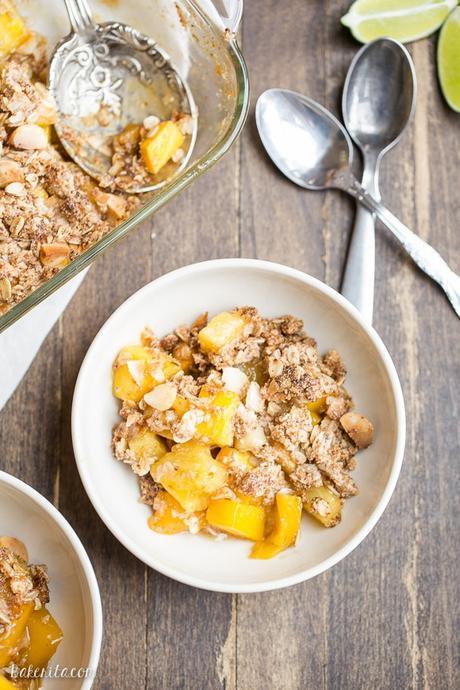 This Mango Pineapple Crumble has an irresistible coconut macadamia nut crumble topping. This is a gluten-free, vegan, and refined sugar free crumble that will bring your tastebuds to the tropics!