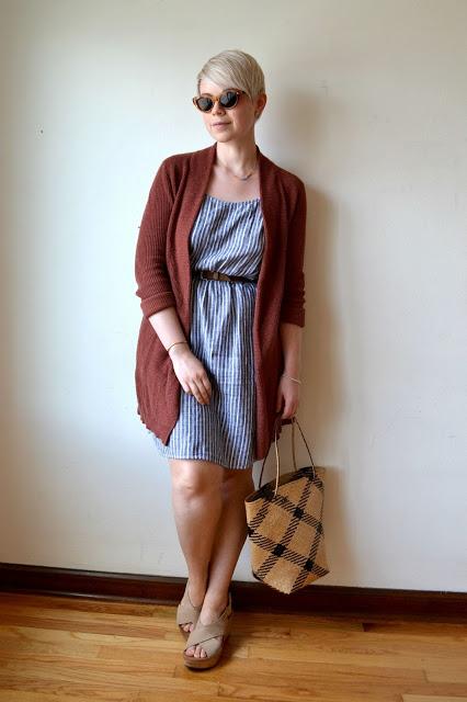 Look of the Day: Striped Linen Dress & Rust Cardigan