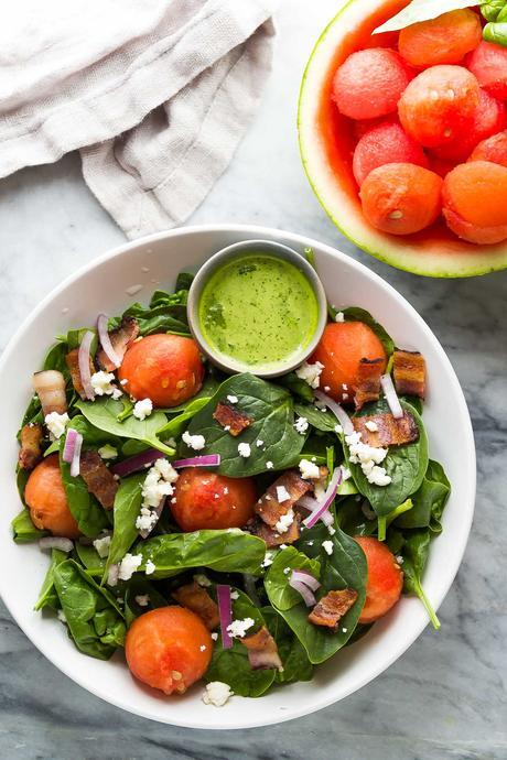 Bacon and Watermelon Spinach Salad with Basil Vinaigrette