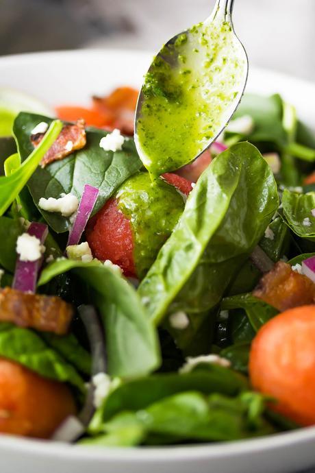 Bacon and Watermelon Spinach Salad with Basil Vinaigrette