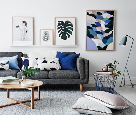 blue decor and art wall