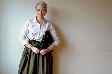 Look of the Day: Olive Silk Skirt & Polka Dot Blouse