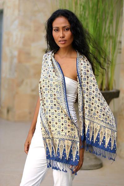 Blue Jasmine silk batik scarf