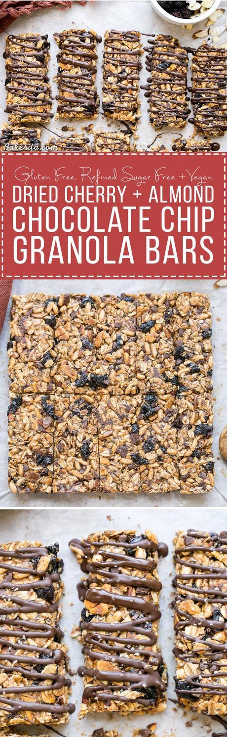 These no bake Dried Cherry, Almond + Chocolate Chip Granola Bars are the perfect grab and go breakfast or snack. These flavor-packed granola bars are gluten free, refined sugar free, vegan, and topped with a dark chocolate drizzle!