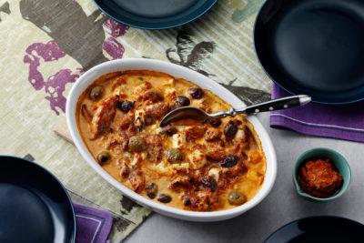 Pesto Chicken Casserole with Feta Cheese and Olives