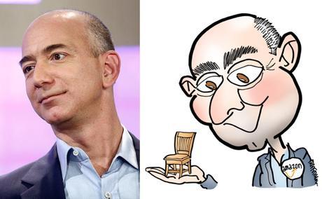photo compare to caricature Amazon CEO Jeff Bezos holding little chair symbolizing The Customer as most important person in room