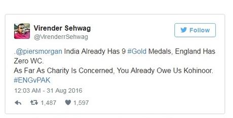 Twitter troll ~ Viru Sehwag blasts Piers Morgan  ~ and what a six !!