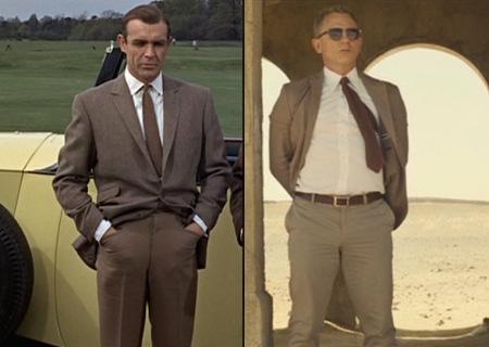 Spectre – Brown Linen-Blend Jacket in Morocco Sean Connery in Goldfinger (1964) and Daniel Craig in Spectre (2015), both sporting brown odd jackets and trousers with white dress shirts, brown knit ties, and - unseen - brown suede boots.