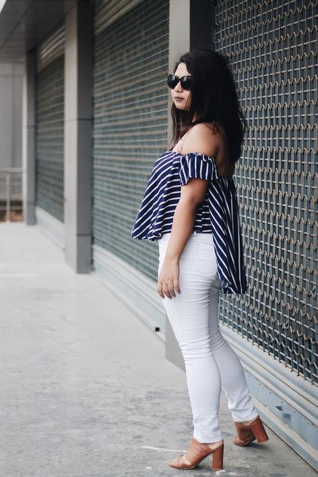 Selestyme wearing Rosegal Off the Shoulder top with white jeans