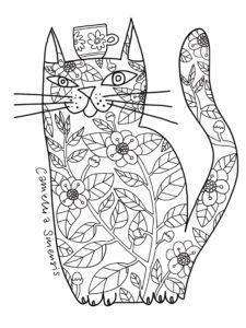 Camellia Cat with Tea Cup. Free Colouring Page. Cat Colouring Book