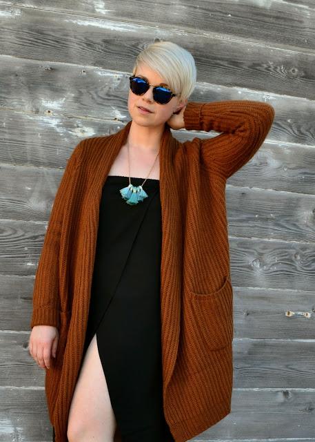 Look of the Day: Cozy Brown Cardigan and Black Dress