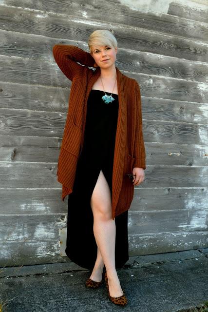 Look of the Day: Cozy Brown Cardigan and Black Dress