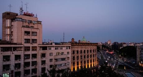 Beograd at night with all kinds of amazing architecture on display.