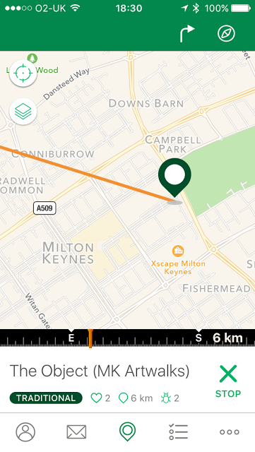 App showing direction you need to go and the Distance.