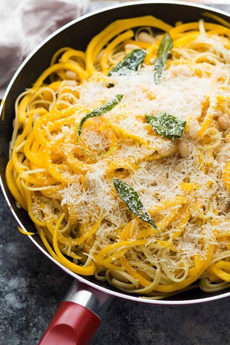 Butternut Squash Noodles with Sage, Brown Butter and White Beans. An easy vegetarian dinner recipe ready in 30 minutes!