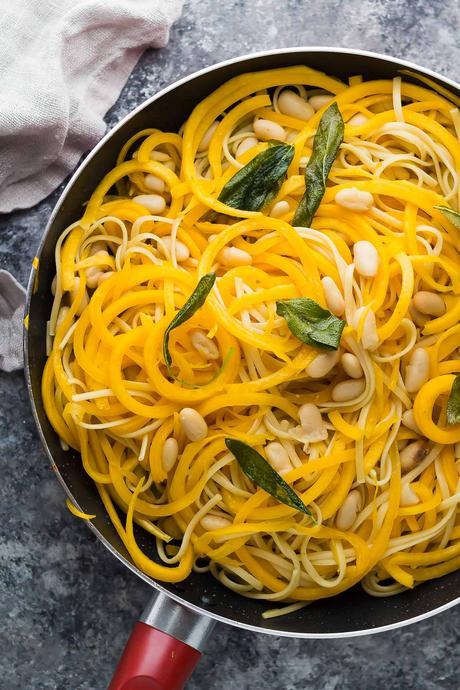 Butternut Squash Noodles with Sage, Brown Butter and White Beans. An easy vegetarian dinner recipe ready in 30 minutes!