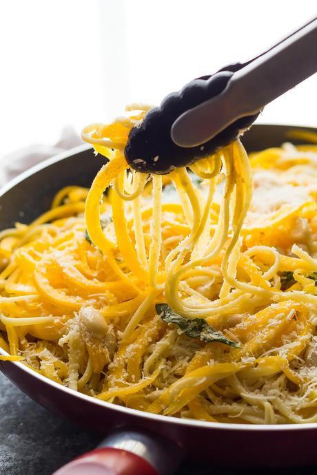 Butternut Squash Noodles with Sage, Brown Butter and White Beans. An easy vegetarian dinner recipe ready in 30 minutes!