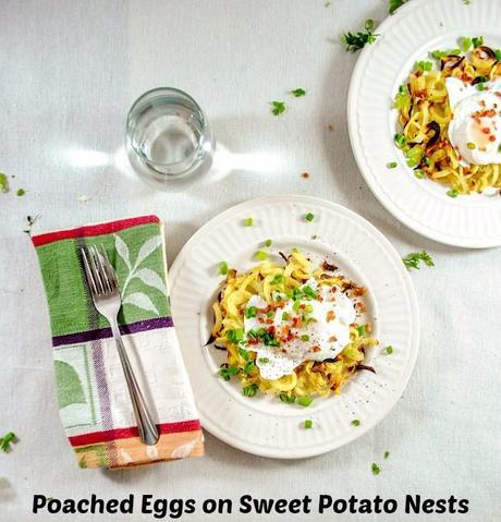 Poached Eggs on Roasted Sweet Potato Nests with Bacon
