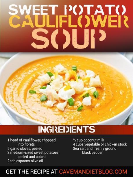 paleo soup recipes sweet potato cauliflower soup image with ingredients
